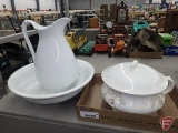 Semi Porcelain covered dish, Florida wash basin, and Warranted pitcher