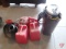 Poly and metal fuel cans, oil pans, funnels, trouble light with retractable cord, extension cords