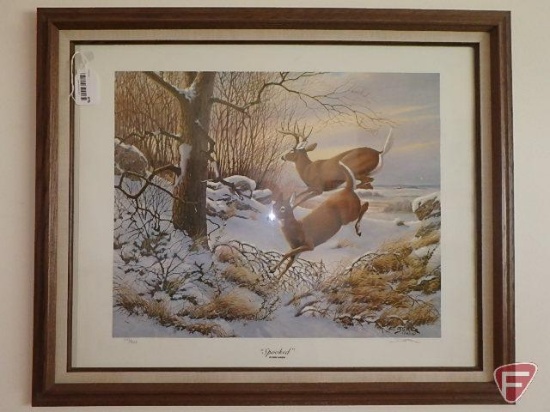 Matted and framed deer picture, "Spooked", Derk Hansen, 372/960 30 in x 35 in
