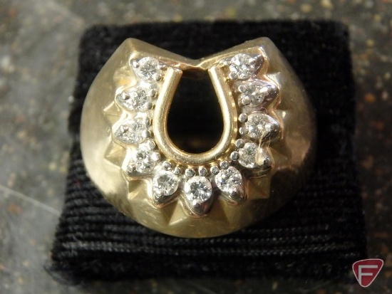Mens 14 K. yellow gold horse shoe diamond ring, 11 round diamonds .03 Pt. each, .33 Pt. TW; 7.5 DWT