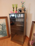 Media cabinet with glass doors, 39 in high x 19 in wide x 16 in deep, includes contents on top,