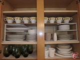 Franciscan Whitestone Ware and Corelle dishware and coffee cups, glassware (3 shelves)