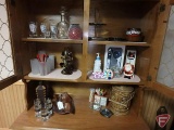 All beer-related items in cabinet - glasses, trays, ice bucket, and dice