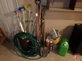Shovels, brooms, hose, poly jug, buckets, reflectors, plastic sheeting, car wash items