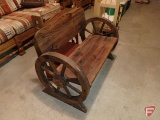 Folding wood corner shelf 38inH and wood bench with wagon-wheel sides 38inW. 2 pieces