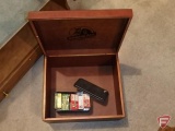 Wood wall gun rack, Armor All wood box, and .22 long rifle ammunition. Rack, box and contents.