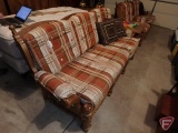 Vintage wood framed sofa with upholstered cushions and (2) throw pillows, 80inW