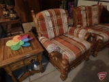 Vintage wood framed chair with upholstered cushion.