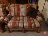 Vintage wood framed loveseat with upholstered cushions and throw pillow, 58inW