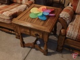 (2) wood end tables, one with magazine rack side, with storage, missing hardware in drawer,