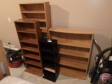 Assortment of wood shelves, tallest is 60inHx24inWx7inD, smallest is 36inHx13inWx6inD. 4 pieces