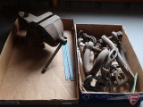 3.5in jaw vise, hitch pins, clevis hitches. Contents of 2 boxes