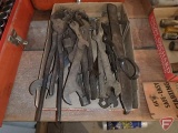 Primitive hand tools, wrenches, files, spikes, metal Union tool box. Tool box, box and contents.