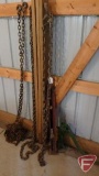 Chains, 5ft, 11ft, (2) 12ft, and 13 ft, (2) tire chains 7ftx14 in, and 2 jacks