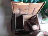 (2) metal ammunition boxes, Pioneer Seed bag, wood boxes. Wood box and all contents.