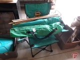 (3) folding camp chairs, wood measuring sticks, wood softball bat, Sterilite rolling chest, 31inW,