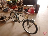 Vintage Columbia Built coaster bike with basket and mirror, 27in diameter wheels