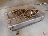 Vintage wood sled with rope handle and rope, 49inL. Sled in contents on top