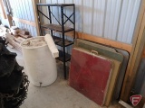 (5) folding tables, metal shelf, and plastic rain barrel