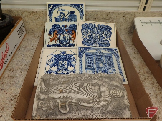 (5) Delft Holland ceramic tiles: (3) Opiferque Per Orbem Dicor crests and (2) depicting