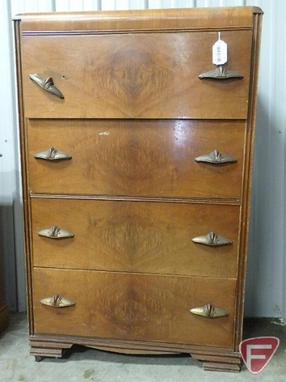 4 drawer wood dresser, missing one furniture roller, 32"x18"x51"H