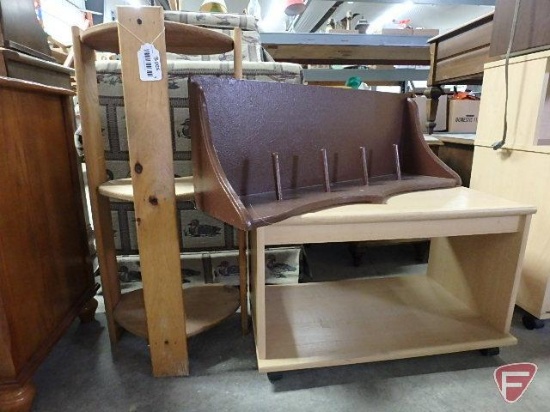 3 tier heart shaped wood stand, shelf, and end table on rollers