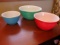 (3) piece Pyrex nesting bowls: green, blue, and red