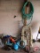 Fertilizer spreader, sled, hedge trimmer, shears, pick shovel, garden hose, fence, plumber snake,