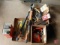 Husqvarna chainsaw parts, metal wedges, extra chains, Fiskars loppers, files, metal gasoline can