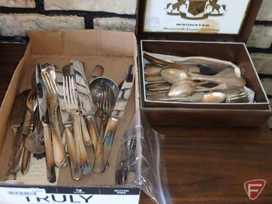 (2) silver plate silverware sets, may be incomplete and souvenir spoons