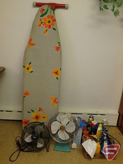 (2) 10" tabletop fans, red ironing board, cleaning supplies: windex, iron, garbage bags, and