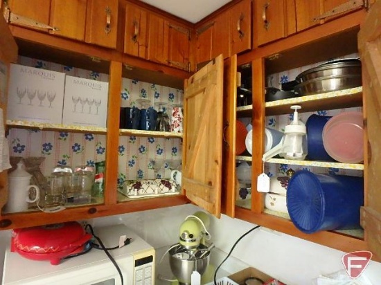 Contents of 2 cupboards: crystal stemware, elephant teapot, drinking ucps, coffee cups, Tupperware