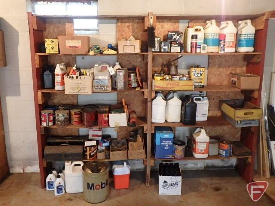 Shelf and contents: hardware, nails, nuts bolts, washers, tool boxes, engine oils, bar oil,