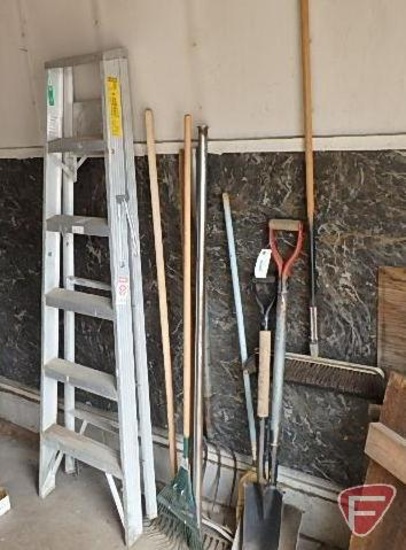 6' aluminum step ladder, rakes, transfer shovel, broom, squeegee, pitchfork