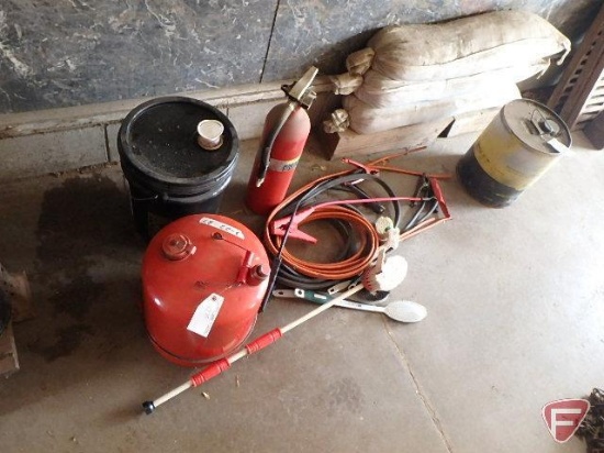 Kidde fire extinguisher, JD special purpose oil in can, brushes, sand tubes, jumper cables,