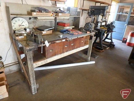 72"x35"x57"H wood workbench with built in 36" work light, 2 storage drawers