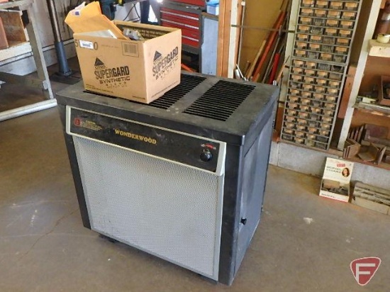 Wonderwood wood burning radiant shop stove model B2941, spare door, spare dampers for 6" pipe