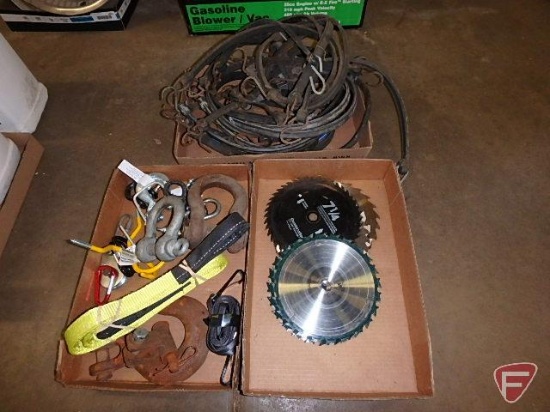 Bungee straps, carabiners, hooks, 1" tow strap, (3) 7-1/4" carbide tipped circular saw blades,
