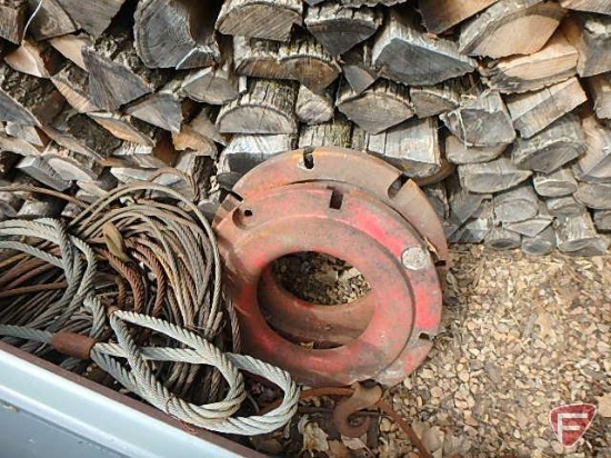 (2) 55 gallon drums, (2) wheel weights, tubing, angle iron, cable with hook, wire cable chokers,