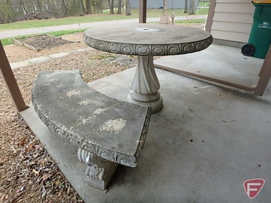 Concrete round table and (2) half circle benches; 42" dia. 30"H table and 52"Lx15"