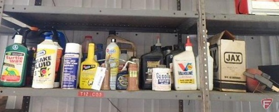 Shop chemicals: Jax grease, oils, brake fluid, coolant, Goldenrod oilers, and (2) fire extinguishers