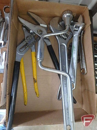 16" and 12", and 8" adjustable wrenches, speed wrench, pipe wrench, and (2) slip pliers