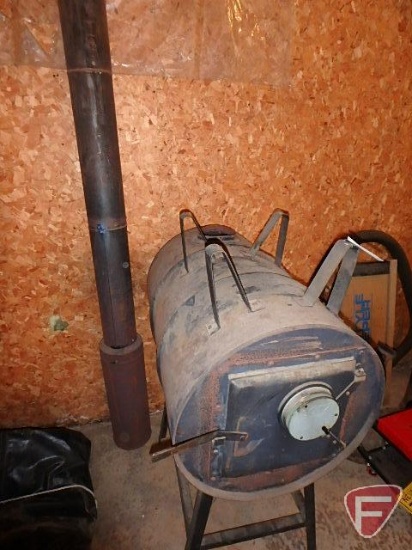Barrel wood burning stove on stand with smoke pipe, 23" dia. 35"L