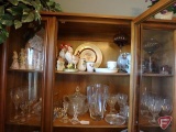 Contents of top 2 shelves: crystal, clear glass, ceramic chickens, angels, children's dishes