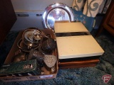 Silver plate dishes/serving trays and (2) flatware silver plate silverware with cases