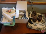 Shakopee/Scott county woven blanket, dish towels with embroidery, (2) dolls with fur clothes,