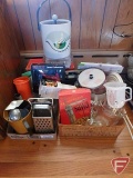 Grater, glass measuring cups, containers, meat slicer, cookie press, wine bottle opener