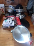 Pots and pans, food slicer, metal strainer, kitchen utensils, electric knife, baking pan,