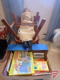 Youth/children books, doll, and (2) wood children's chairs