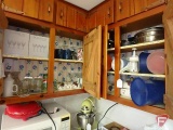Contents of 2 cupboards: crystal stemware, elephant teapot, drinking ucps, coffee cups, Tupperware
